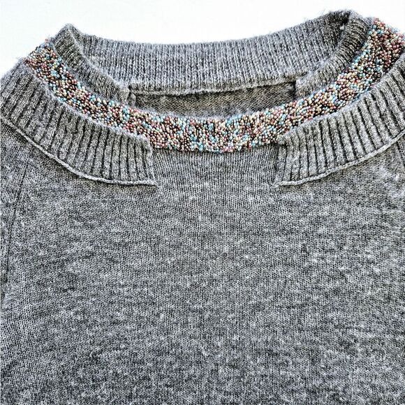 Anthropologie Knitted & Knotted Soft Wool Blend Beaded Collar Sweater in Grey M - Picture 4 of 10